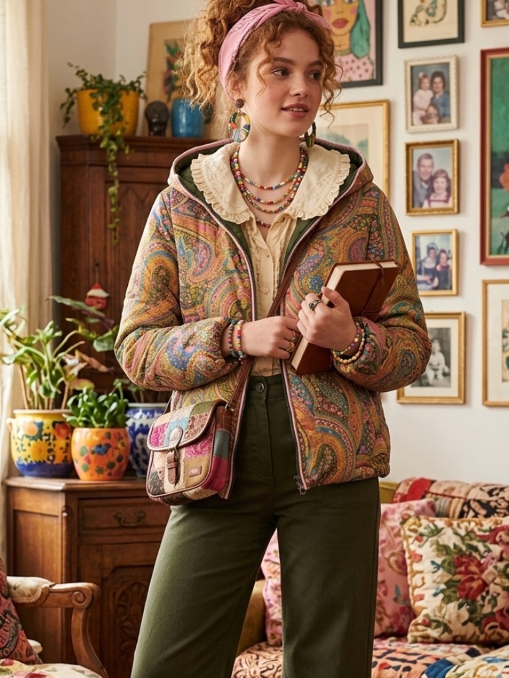 Oilily Reversible Quilted Puffer Jacket - Paisley Print & Olive Green